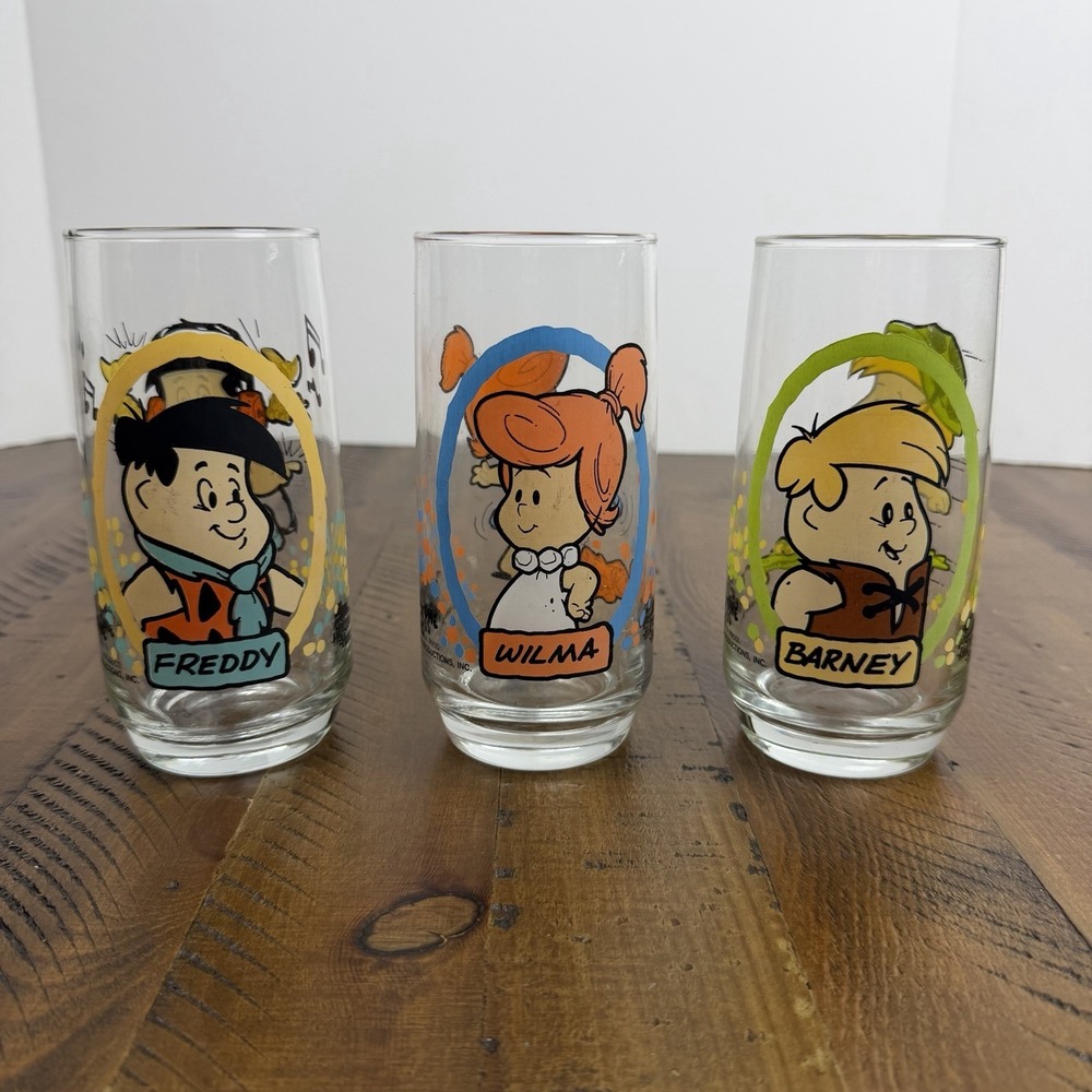 Vintage Pizza Hut The Flintstones Kids 1988 Drinking Glass Set of 3